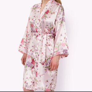 Floral Satin Kimono Robe - Pink
